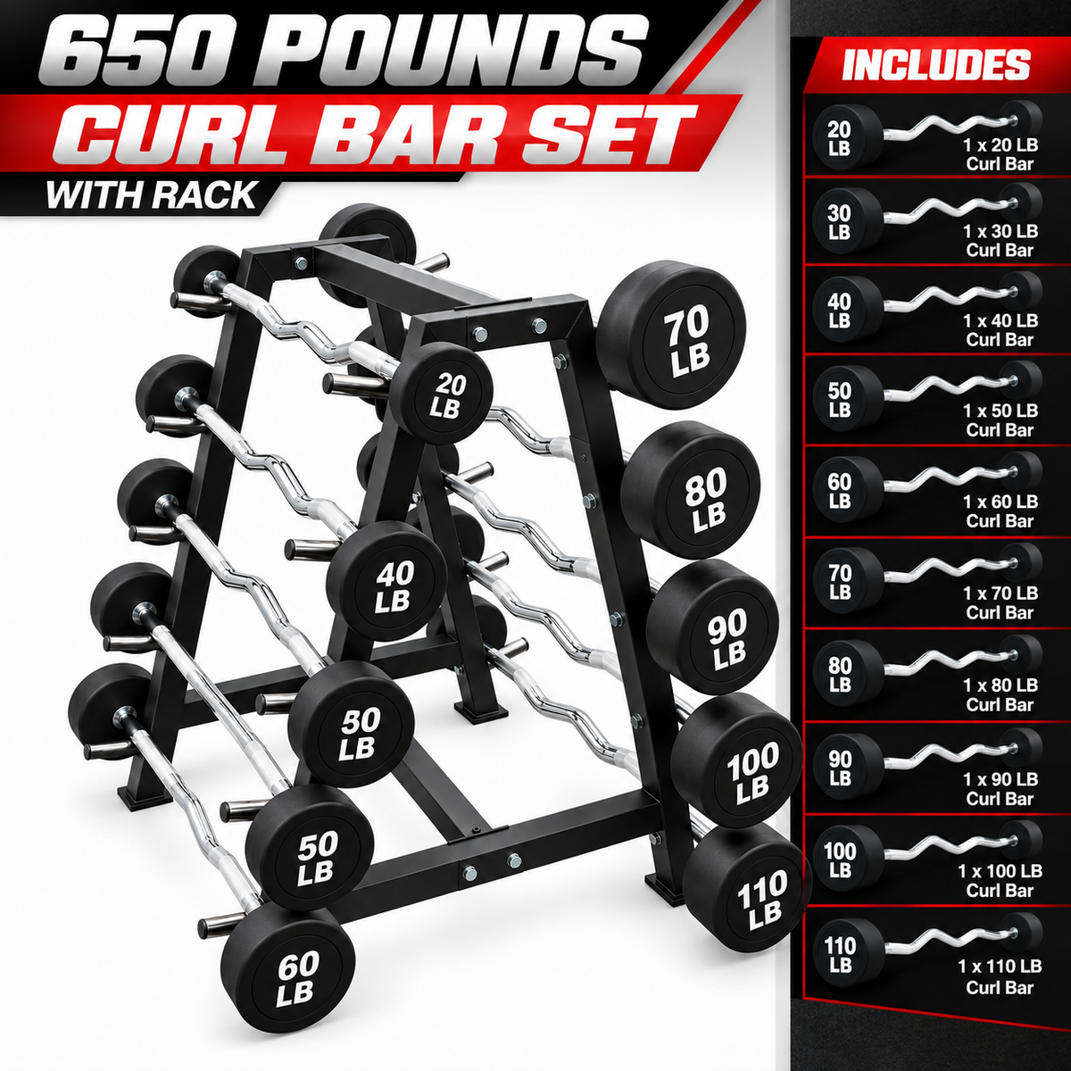 20-110 lb Curl Barbells with Rack view 2