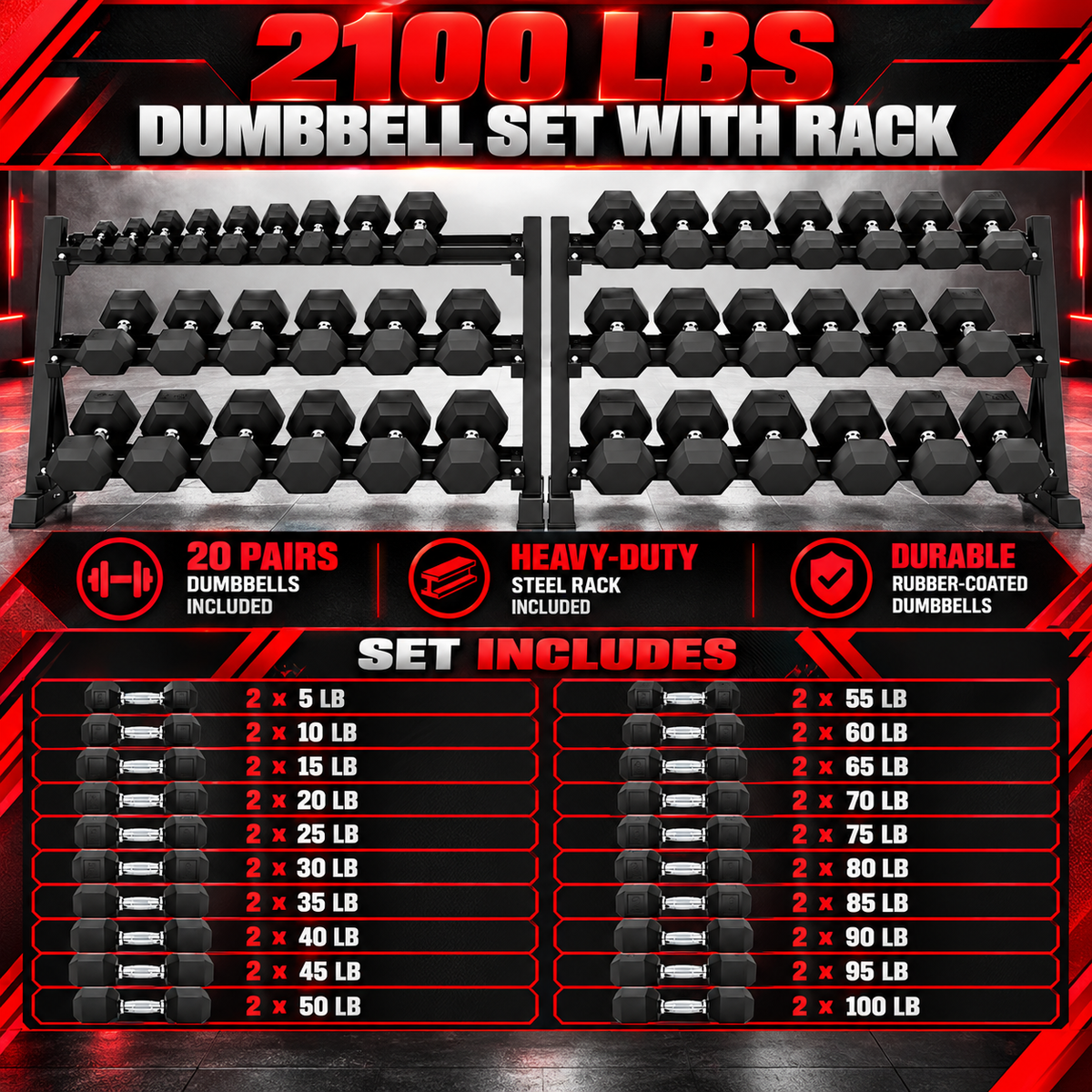 5-100 lb Hex Dumbbells with Rack view 2