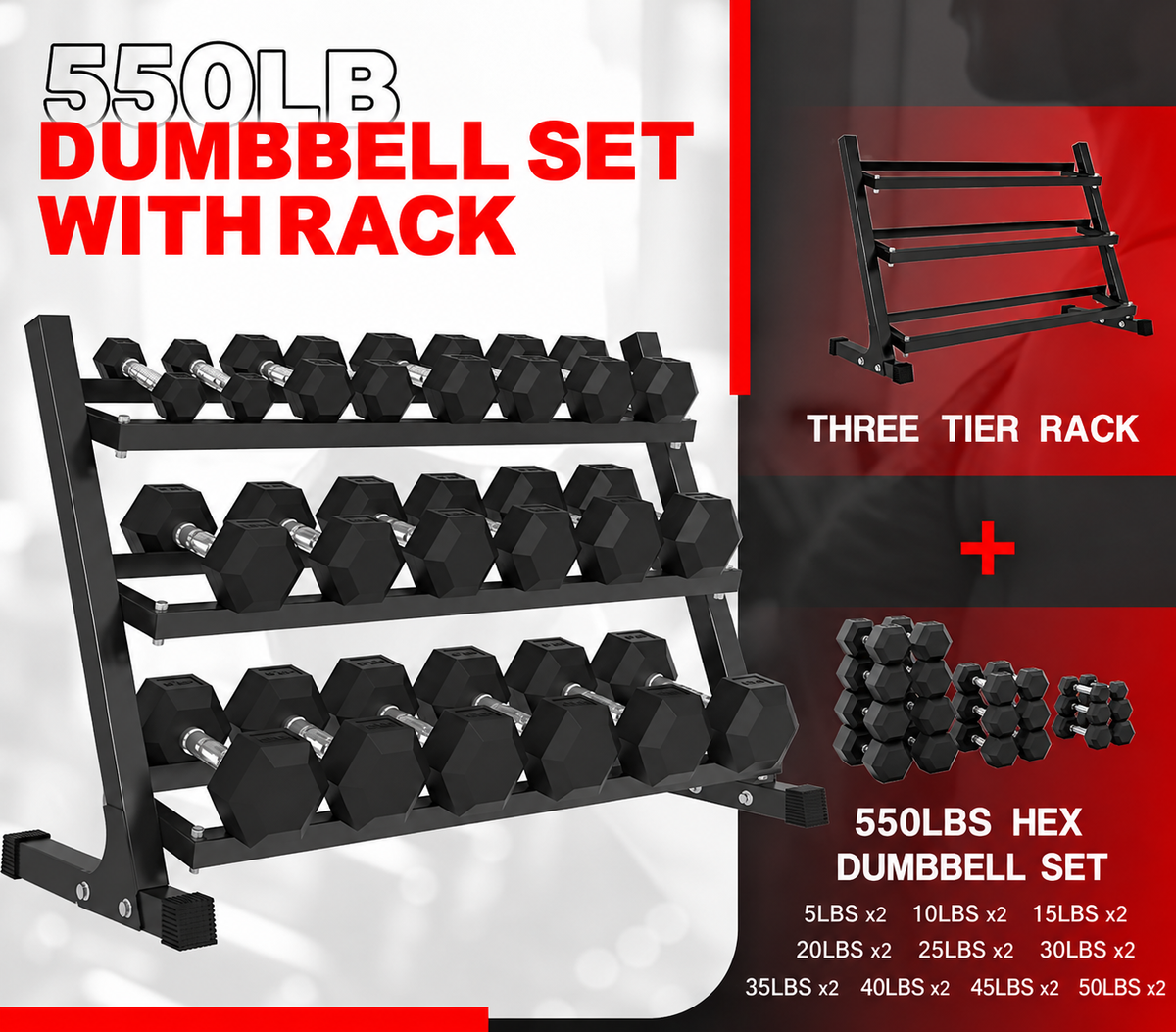 5-50 lb Hex Dumbbells with Rack view 2
