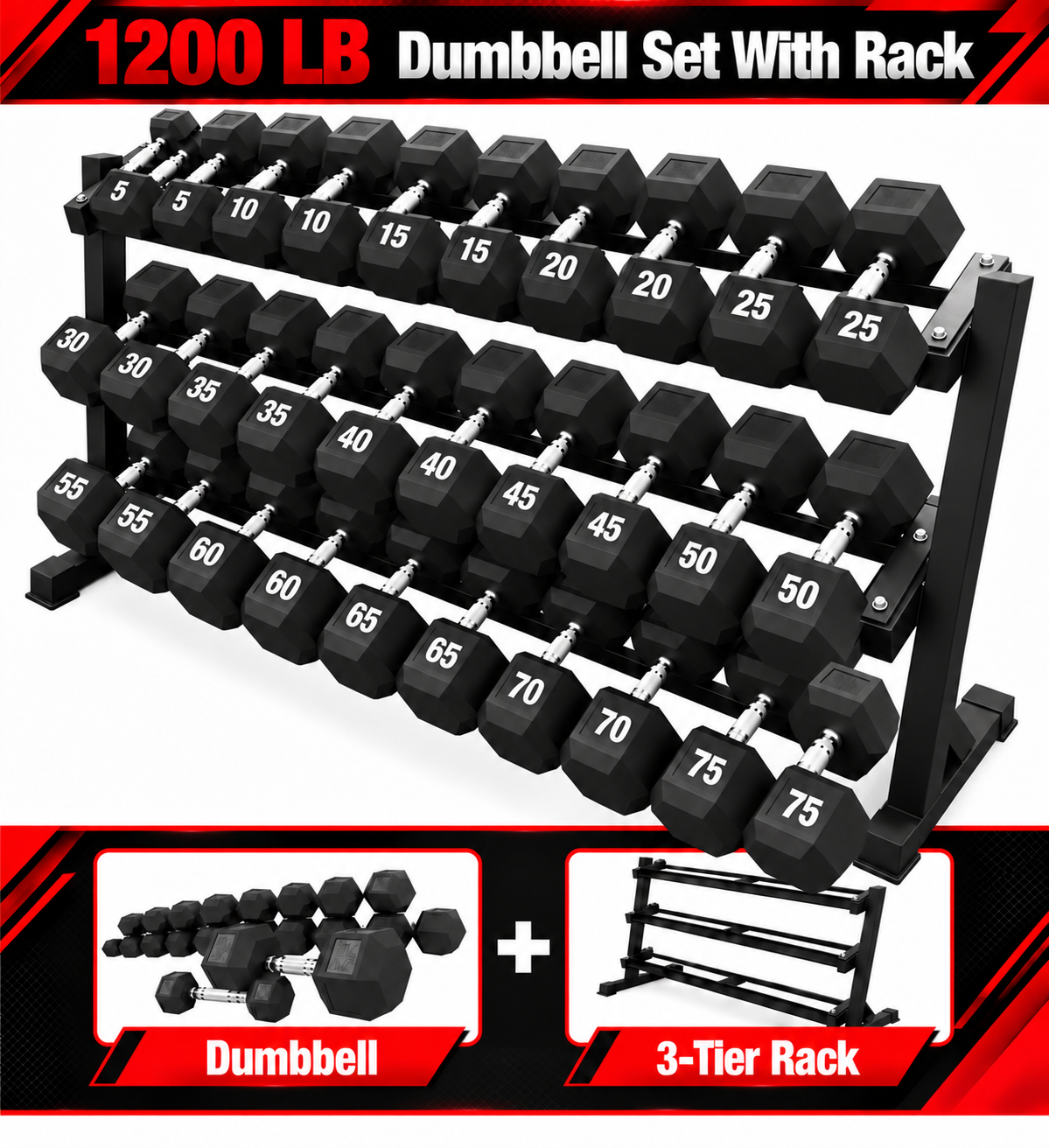 5-75 lb Hex Dumbbells with Rack view 2