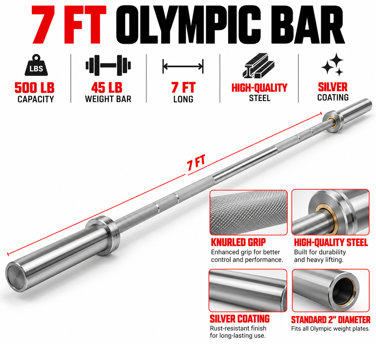 7 Ft 45 lb Olympic Barbell view 2