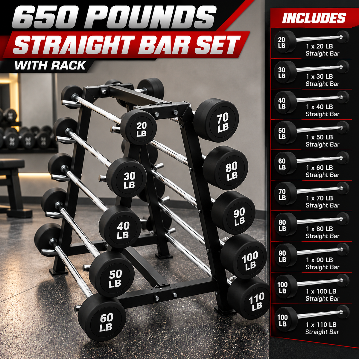 20-110 lb Straight Barbells with Rack view 2